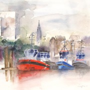 Mona Wolff - Hamburg, Landungsbrücken - Aquarell - 34 x 44 cm - 2023 
